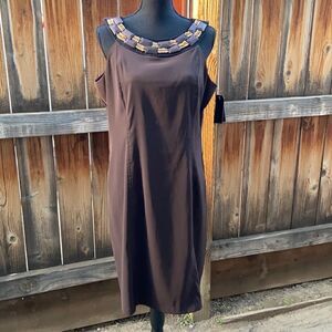 Ab Studio dress sheath brown sleeveless beading solid 16  FIRM on PRICE